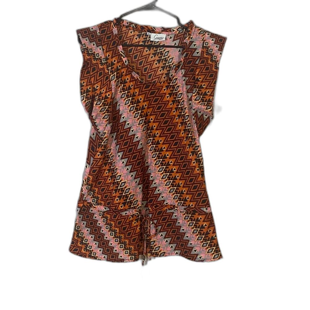 Guru Fashion Women's M/L Boho Aztec Geometric Rayon Drawstring Waist Top